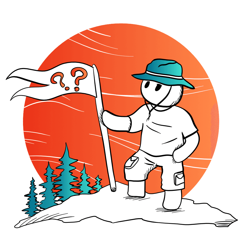 An explorer with a blue hat on a hill with a flag in his hand and question marks